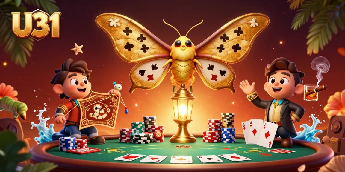 Experience the thrill of U31 gaming with vibrant casino scenes featuring golden moths and rich poker elements.