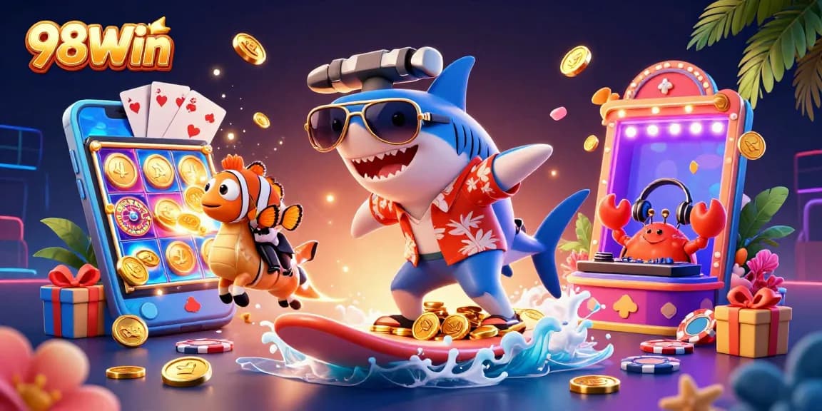 Experience excitement with 98Win's casino elements, featuring a shark, clownfish, and crab in a vibrant scene.