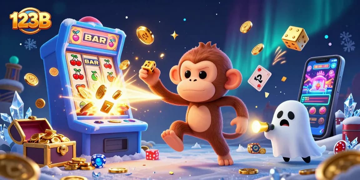 Exciting 123B casino experience with a mischievous poltergeist monkey juggles coins and dice, in a dynamic jackpot scene.