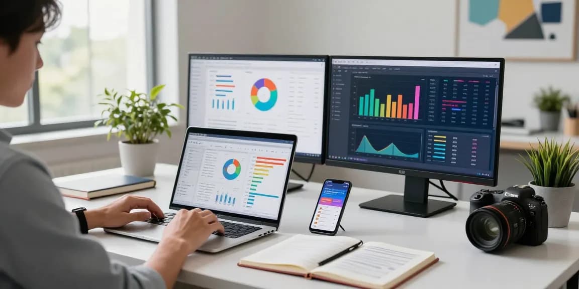 Analisis data GEGESLOT di ruang kerja modern dengan laptop dan grafik pemasaran.