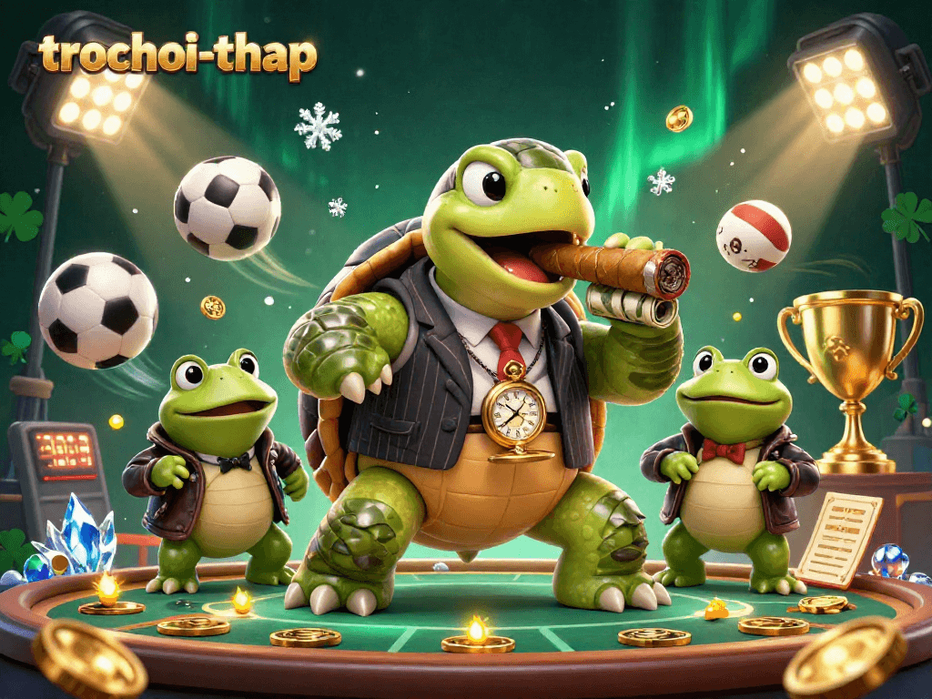 Experience the thrill of trochoi-thap with a vibrant 3D cartoon scene featuring a snapping turtle and bullfrogs in a casino.