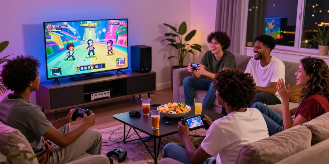 Group enjoying a gaming night with real ecchi game on screen.
