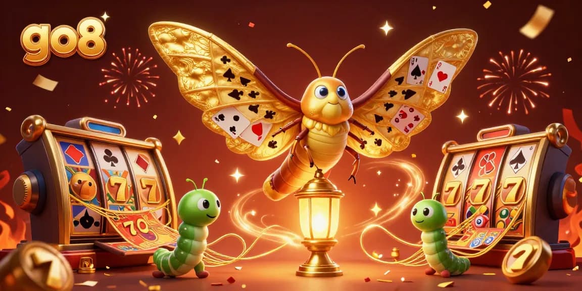 Experience thrilling gameplay at go8 with a vibrant 3D casino scene filled with slot reels and golden confetti.