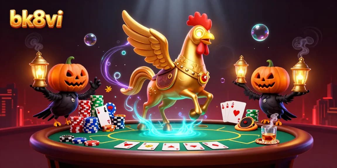Experience thrilling gaming action at bk8vi with golden rooster and ghostly companions in a vibrant casino scene.