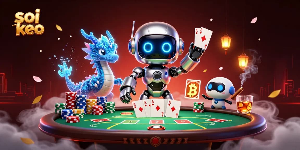 Soi keo illustration depicting a cyberpunk robot and holographic dragon at a vibrant poker game.