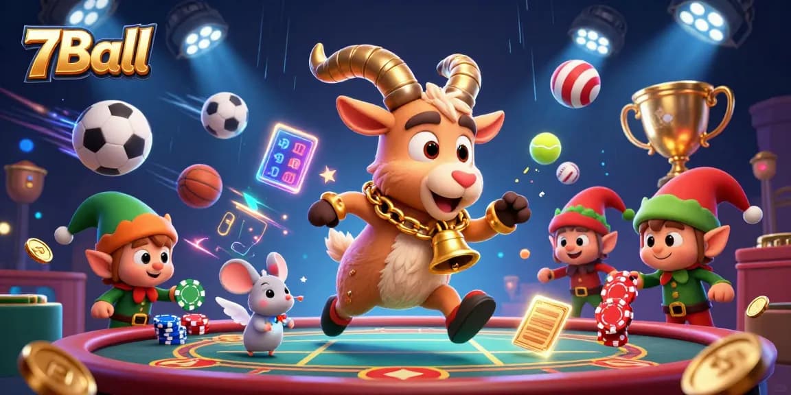 Experience the thrill of 7Ball in an animated casino scene with dynamic characters and sports elements.