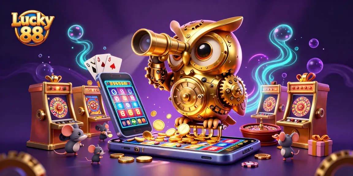 Play thrilling Lucky 88 slots amidst charming 3D characters in an exciting casino scene.