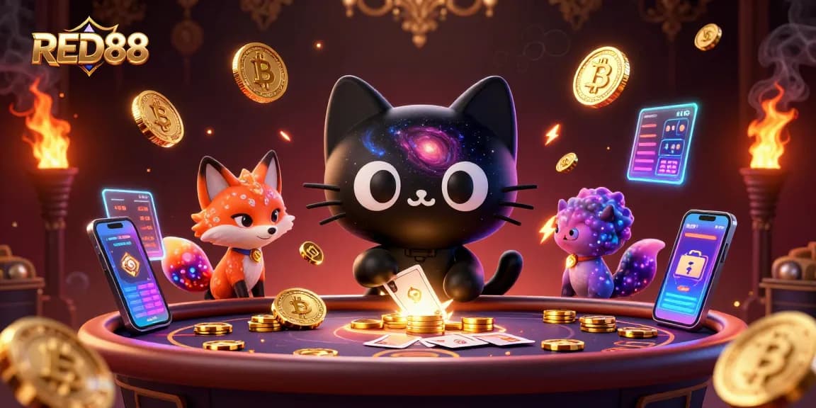 Join the action at RED88 with a unique cosmic casino illustration showcasing vibrant characters and crypto elements.