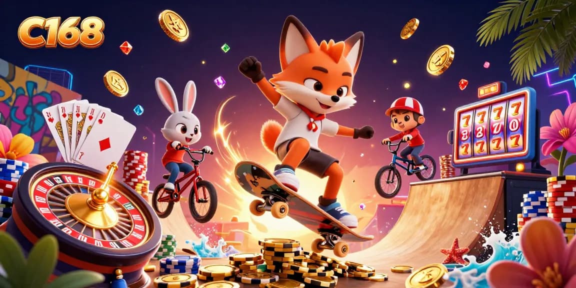 C168 players enjoy dynamic gaming with golden coins flying and characters performing tricks in a lively casino atmosphere.