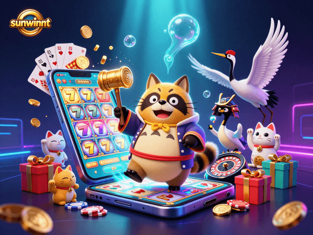 Play slot games with sunwinnt alongside a tanuki and lucky cats in a vibrant 3D scene