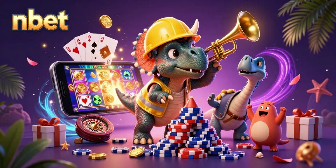 nbet showcases a vibrant casino scene with a triceratops building poker chips, celebrating wins.