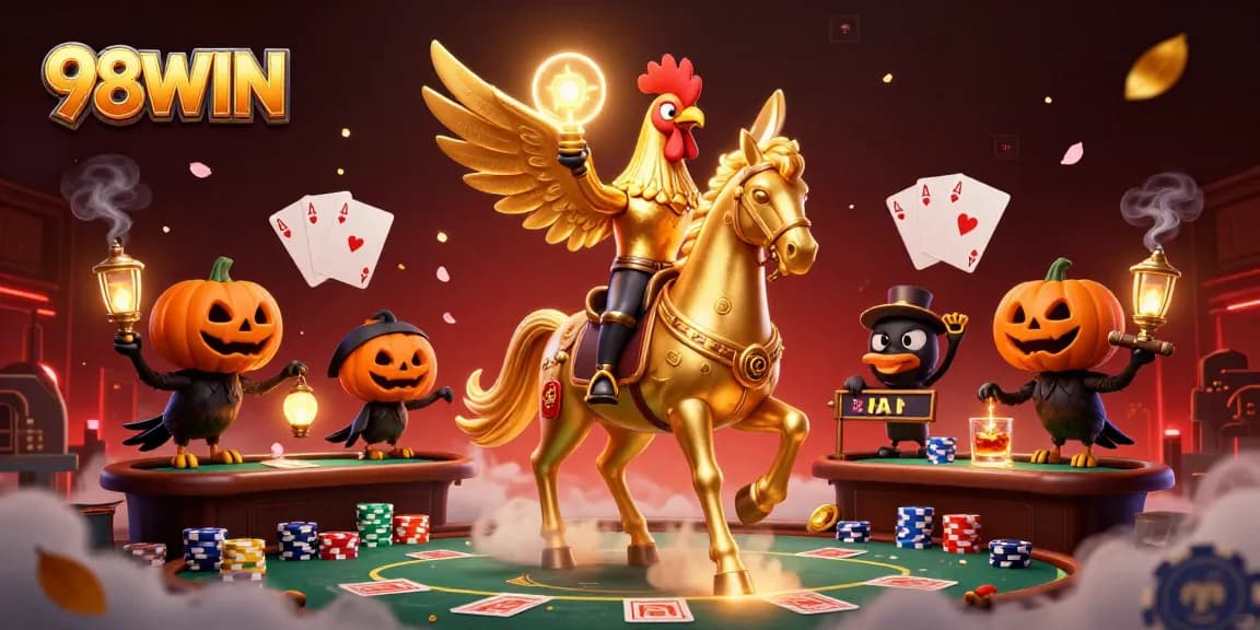 Engage with 98WIN in this thrilling casino scene featuring a golden rooster and rich gaming elements.