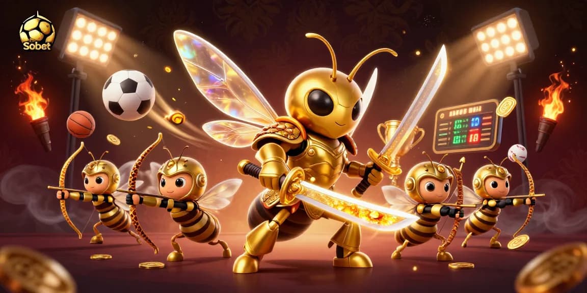 Sbobet sports betting scene featuring a giant golden hornet and bee archers, dynamic and engaging