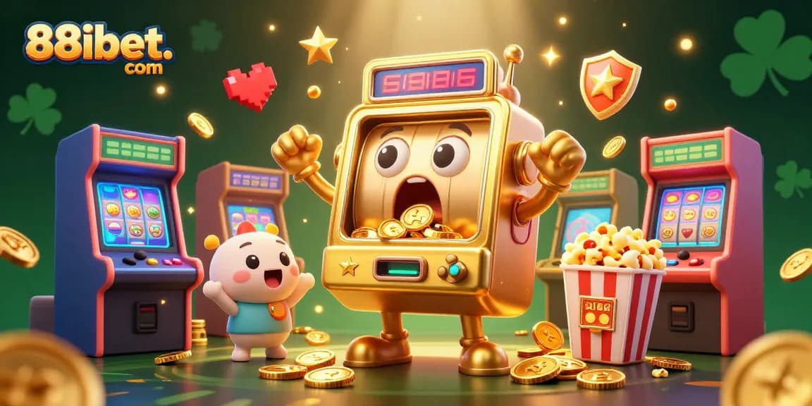 Join the excitement at 88ibet. com with a golden slot machine hitting the jackpot among cheering baby machines.