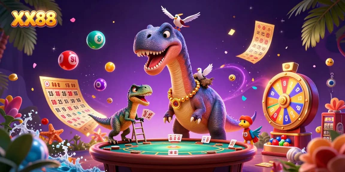 Engage in thrilling gaming adventures with XX88, a dynamic 3D casino scene featuring unique characters.