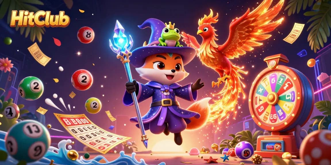 Experience excitement at HitClub with vibrant casino elements, winning numbers, and dynamic characters.