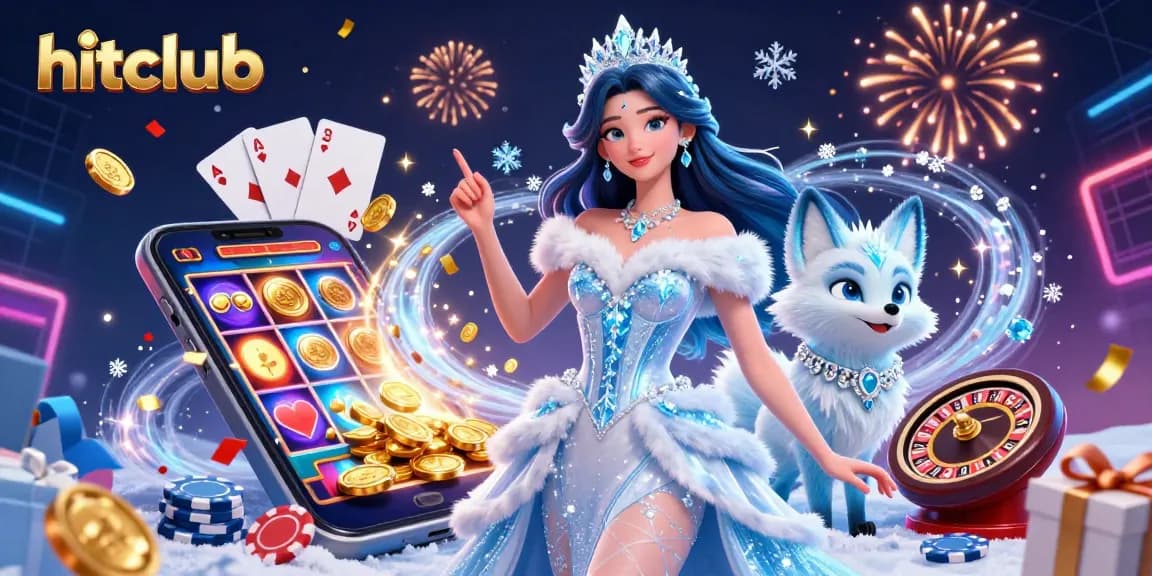 Spin to win at hitclub, showcasing a stunning scene of a woman and an arctic fox amidst casino elements and vibrant sparks.