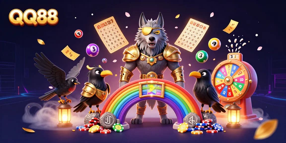 Experience QQ88 with vibrant casino elements and mythic characters in an engaging illustration.