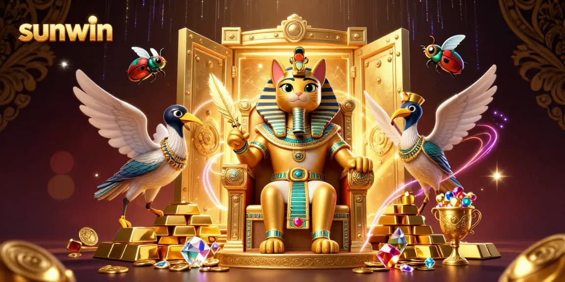 Experience the magic of sunwin with a 3D pharaoh cat surrounded by treasures and gaming elements.