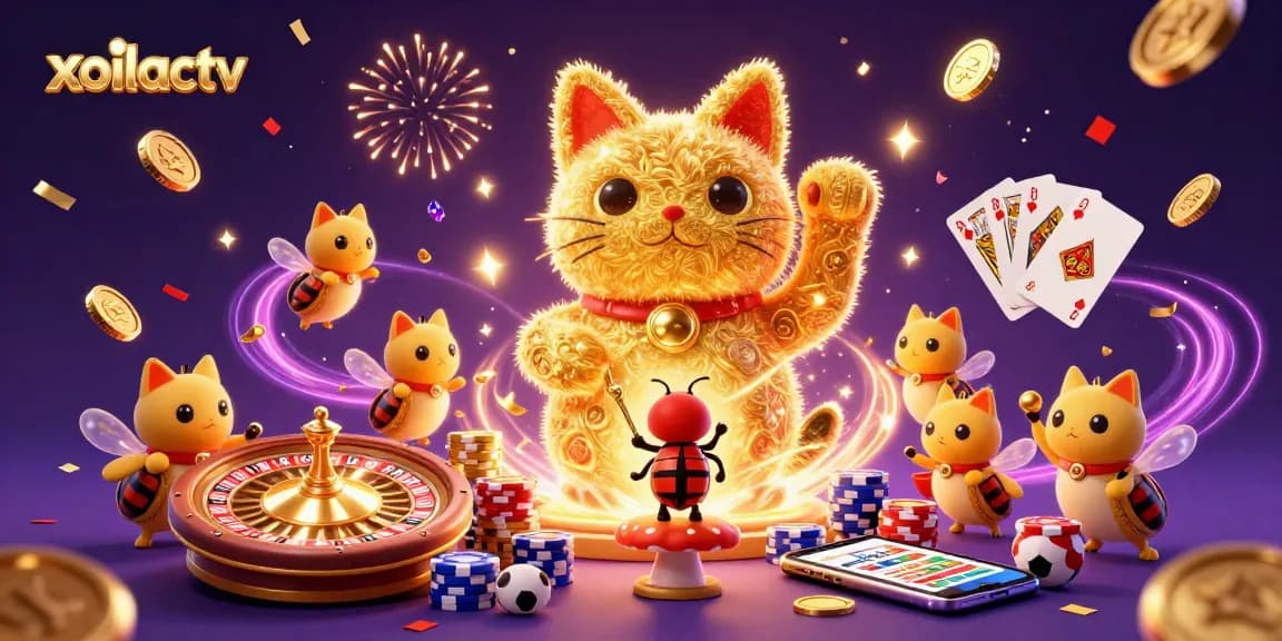 Xoilactv elevates sports betting excitement with vibrant golden fireflies and dynamic casino symbols.