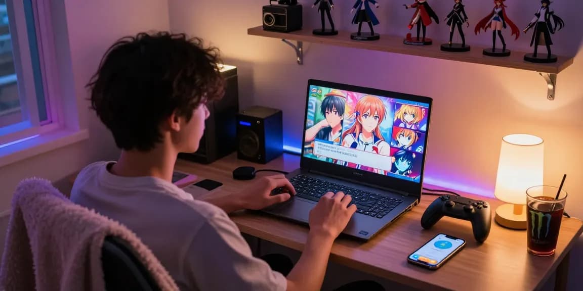 Engaging player enjoying a free hentai game on laptop in cozy gaming setup, vibrant atmosphere.
