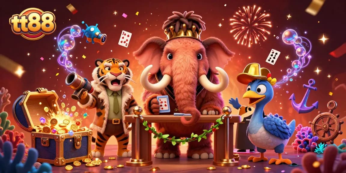 tt88 casino scene featuring a woolly mammoth bouncer and saber-tooth guest at a lively online casino