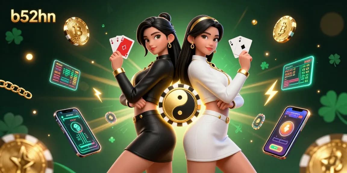 Experience immersive gaming at b52hn with twin Asian women dynamically showcasing card skills amidst glowing coins.