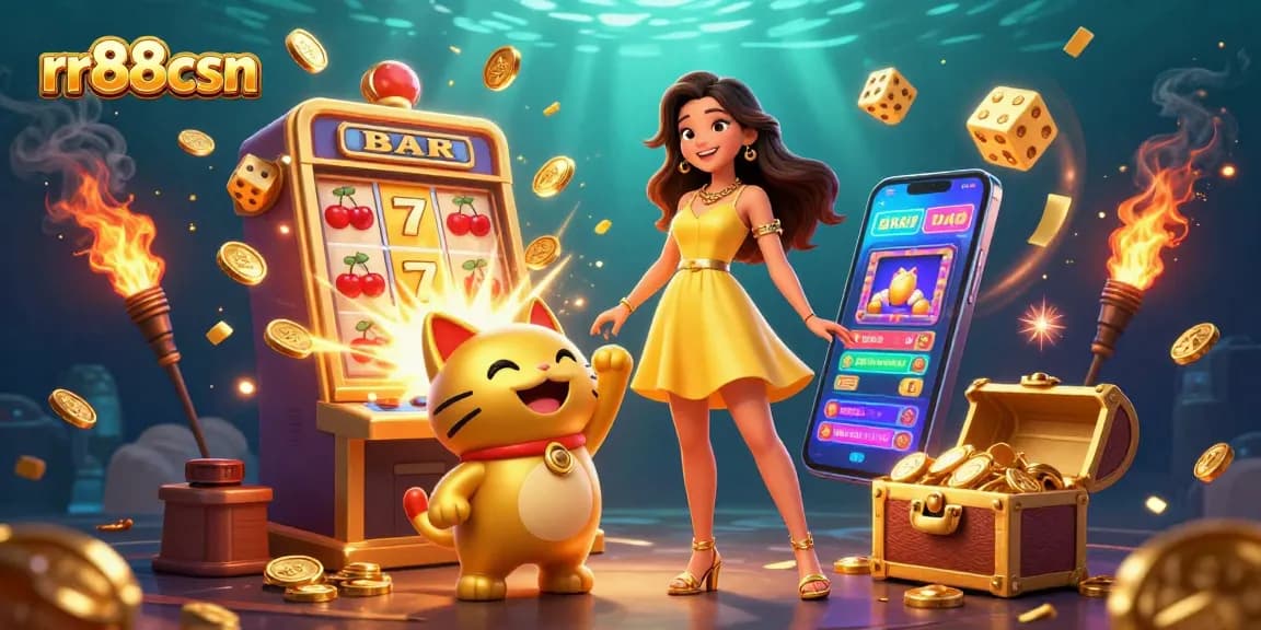 Engage with the rr88csn casino experience, featuring a cheerful Asian woman interacting with a lucky cat amidst vibrant slot machine action.