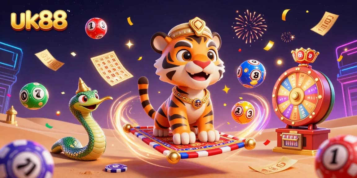 uk88 players experience thrilling casino adventures with vibrant lottery balls and magical elements.