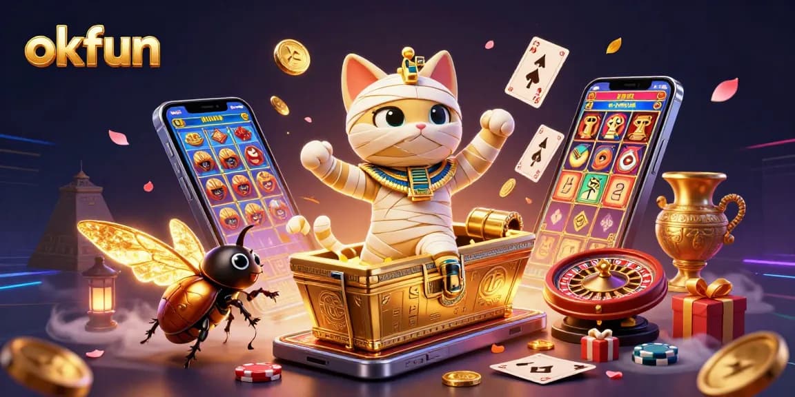 Experience the excitement of okfun with an Egyptian mummy cat at a vibrant casino.