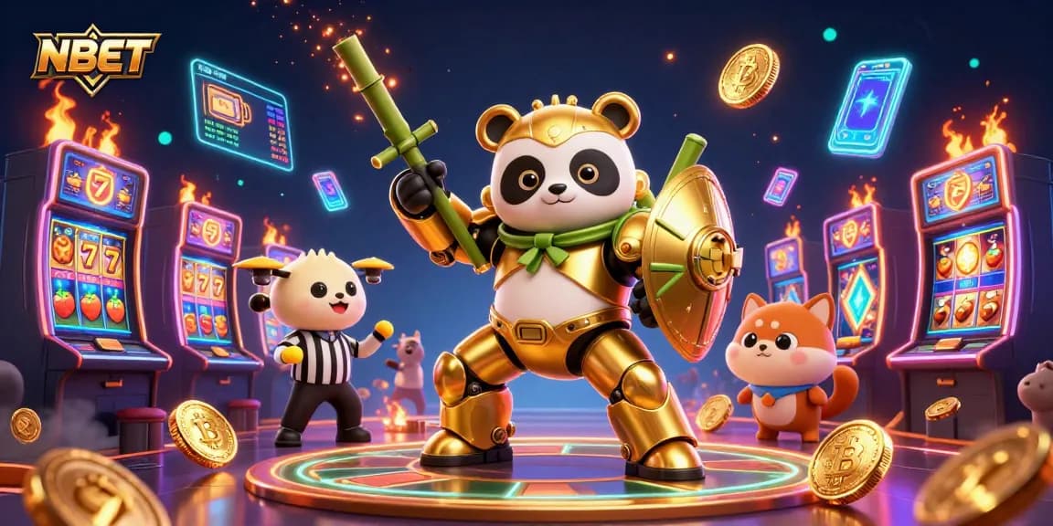 Experience thrilling NBET gaming action with a mech-suit panda battling in a vibrant casino arena
