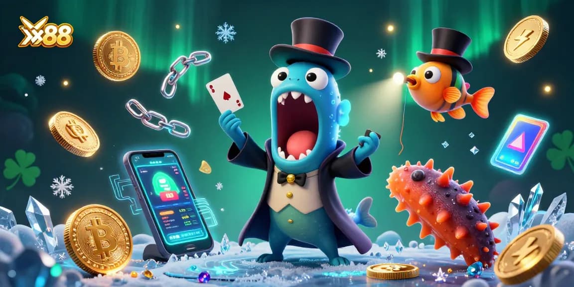 Experience thrilling card tricks with xx88's magical casino illustration featuring underwater characters.