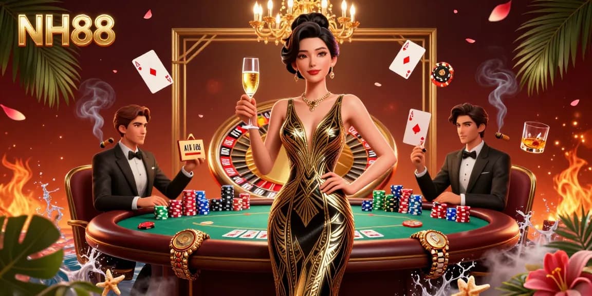 High-stakes gameplay at NH88 featuring an elegant woman celebrating with a champagne toast amid vibrant casino elements.