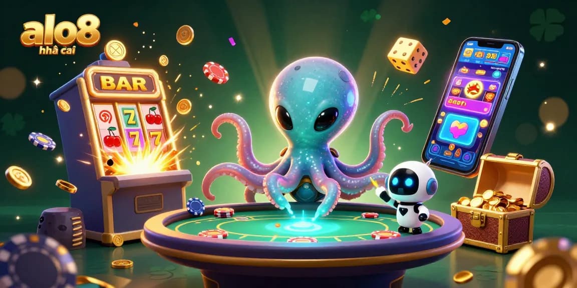 Experience the excitement at alo8 nhà cái with a vibrant 3D galaxy-themed casino scene featuring an alien octopus.