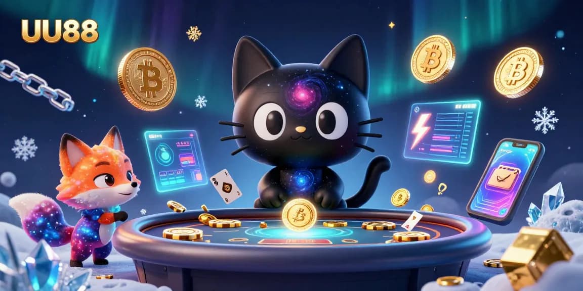 Try your luck with UU88 in a vibrant cosmic casino filled with golden chips and cards.