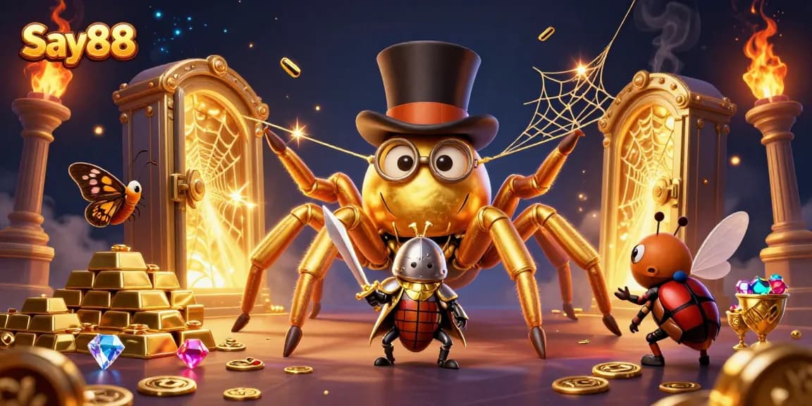 Experience thrilling games at Say88, featuring a dynamic scene with a tarantula and beetle knight in a vibrant casino.