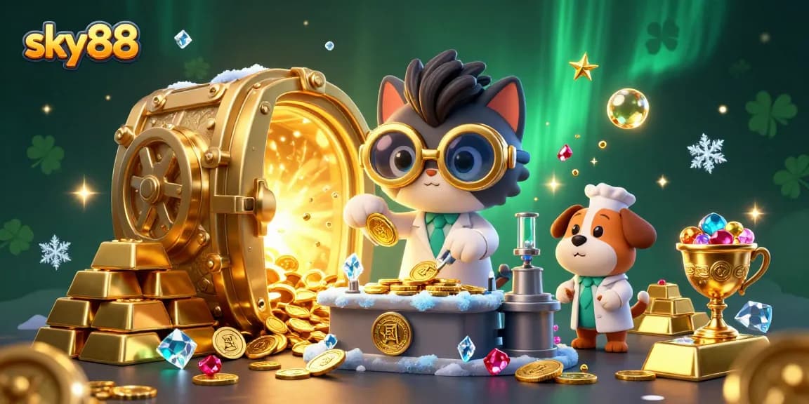 Sky88 delivers a vibrant casino experience featuring a 3D cartoon mad scientist cat and dog amidst gold treasures and exciting casino elements.