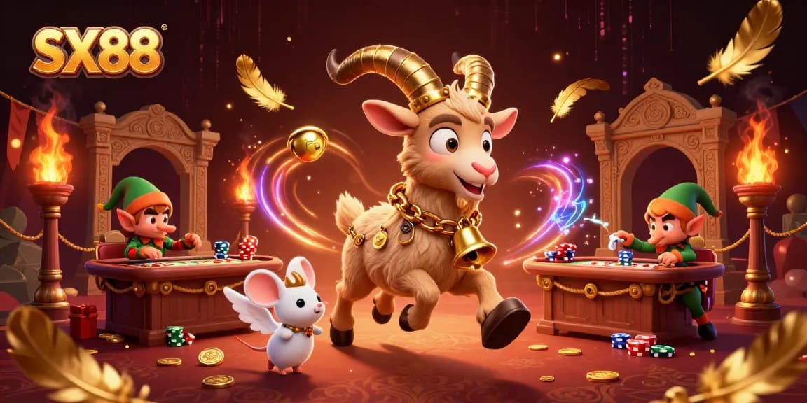 SX88 players enjoy festive casino excitement with Krampus, angel mouse, and mischievous gremlins stealing chips.