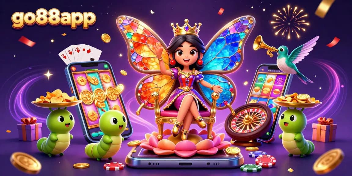 Experience magical wins with go88app as the butterfly queen presides over a vibrant casino scene.