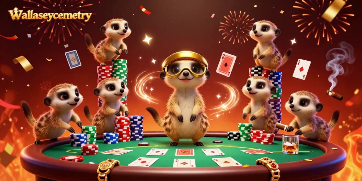 Wallaseycemetery meercats orchestrating vibrant casino action with poker elements and festive effects.