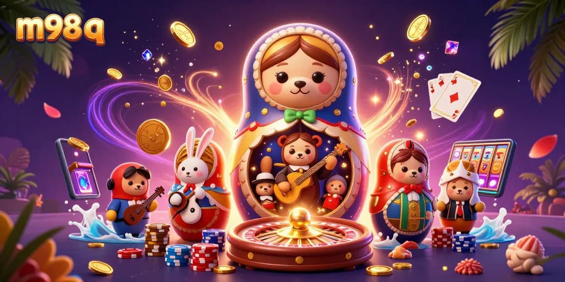 Experience m98 q with an energetic 3D illustration featuring casino-themed characters and elements.