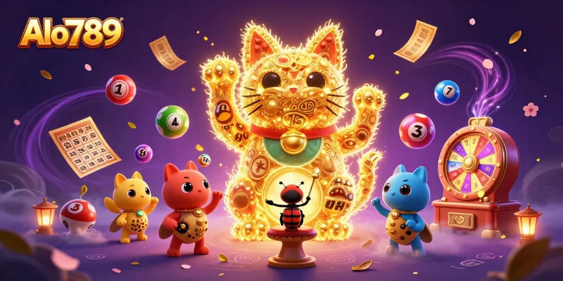 Alo789 offers an exciting gaming experience with a giant lucky cat and vibrant lottery elements.