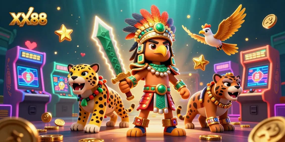Engage in exciting gaming experiences at XX88, featuring dynamic 3D characters and vibrant casino elements.
