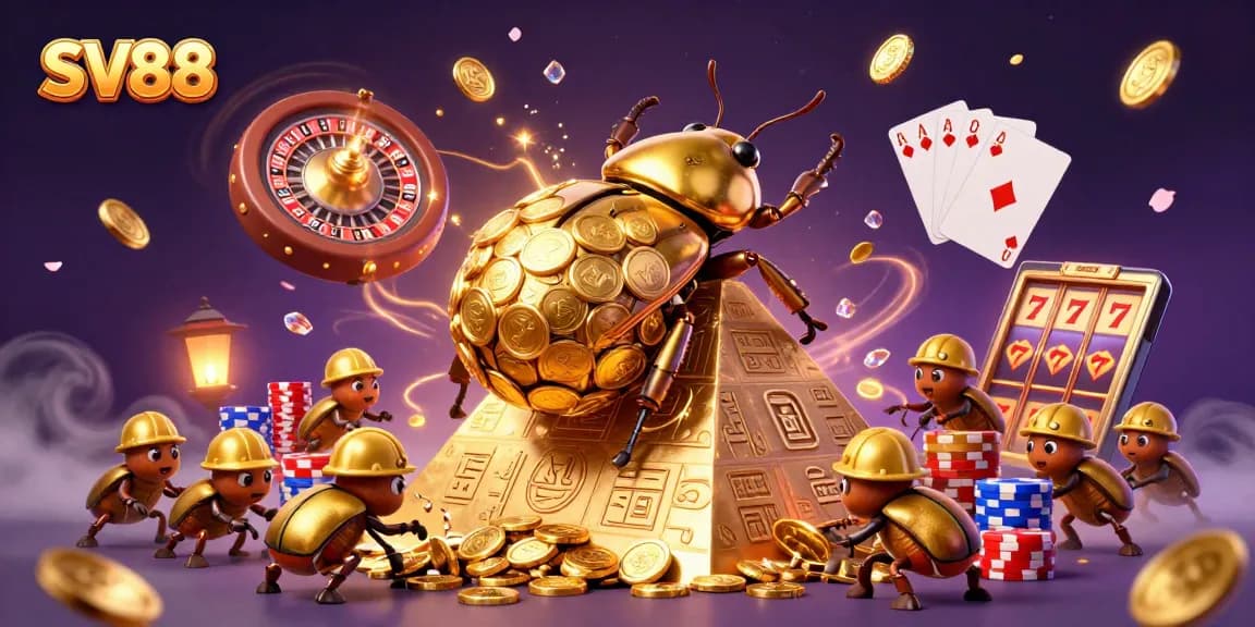 Experience the excitement of SV88 with a golden dung beetle rolling coins, surrounded by sparkling casino elements.