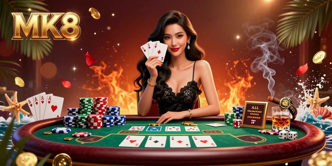 Experience the excitement at MK8 casino with this elegant Asian woman showcasing poker cards in a vibrant setting.