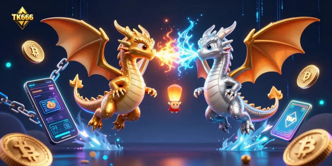 Join the exciting action at TK666 with dragons amidst shining crypto coins and vibrant gaming elements.