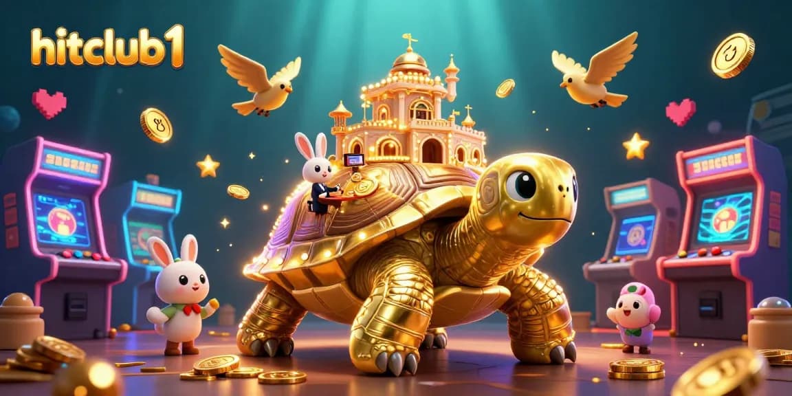 Experience winning with hitclub1 in this vibrant, dynamic casino illustration featuring a magical tortoise and rabbit dealer.
