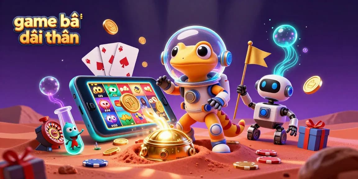 Experience game bài đổi thưởng with vibrant casino-themed 3D illustrations showcasing playful Martian characters.