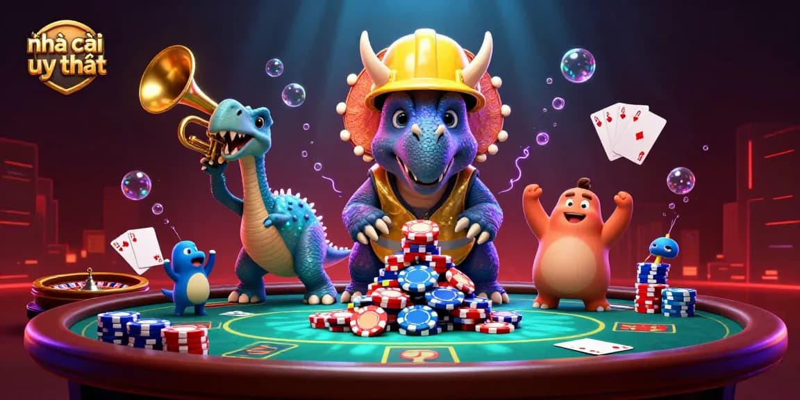 Engage in exciting gameplay at nhà cái uy tín with vibrant poker tables, roulette spins, and energetic characters.