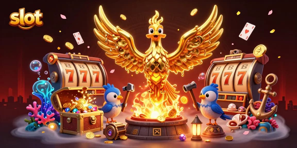Spin slots with a golden phoenix and sparkling coins in a vibrant 3D casino scene.